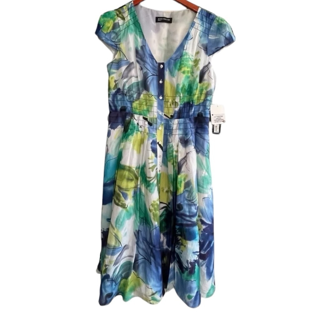 Jones New York Dress 10 Cap Sleeve Fit & Flare Button Front Midi Watercolor Silk
